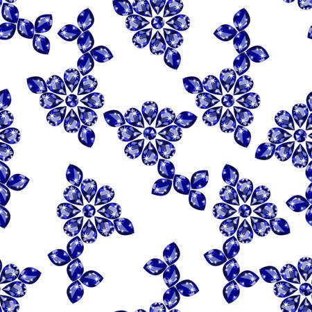 Seamless pattern with deep blue precious gem Sapphire in shape of flowers from different cuts on white background. Vector illustrationのイラスト素材