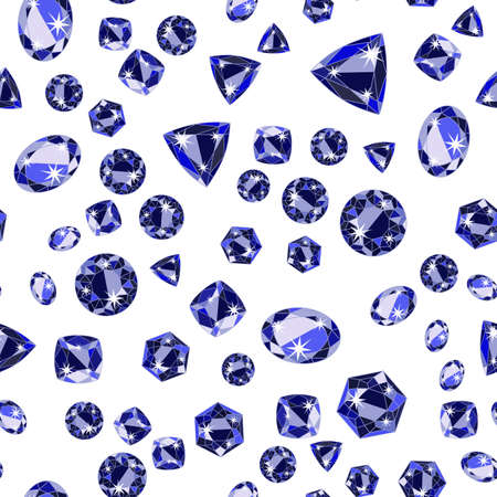 Seamless pattern with deep blue scattered precious gem Sapphire from different cuts on white background. Vector illustrationのイラスト素材