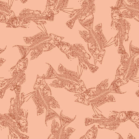Seamless paleontology pattern with chaotic fossil bones of fishes in peach colors as ornament on cave walls. Vector illustrationのイラスト素材