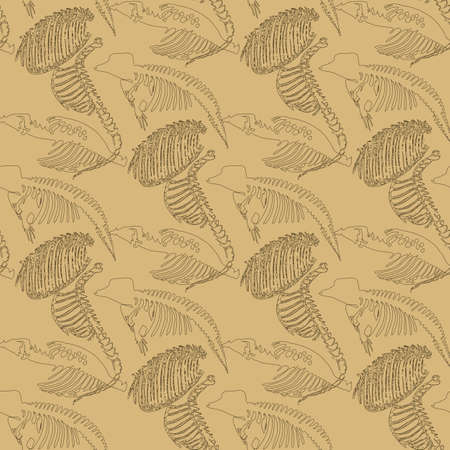 Seamless paleontology pattern with chaotic fossil bones of ribs and skeletons in beige colors as ornament on cave walls. Vector illustrationのイラスト素材