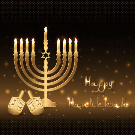 Postcard for greetings with Festival of Lights, Feast of Dedication Hanukkah. Golden menorah with candles and dreidels on black halftone background with gold shining.のイラスト素材