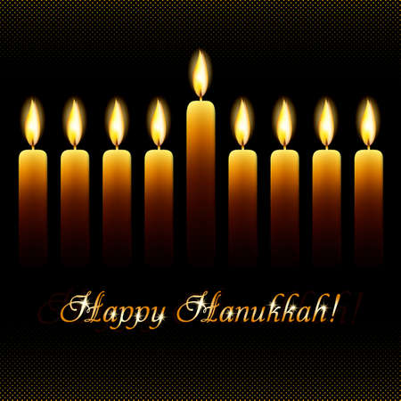 Postcard for greetings with Festival of Lights, Feast of Dedication Hanukkah. Nine wax candles with flames on black halftone background with golden shining greeting.のイラスト素材