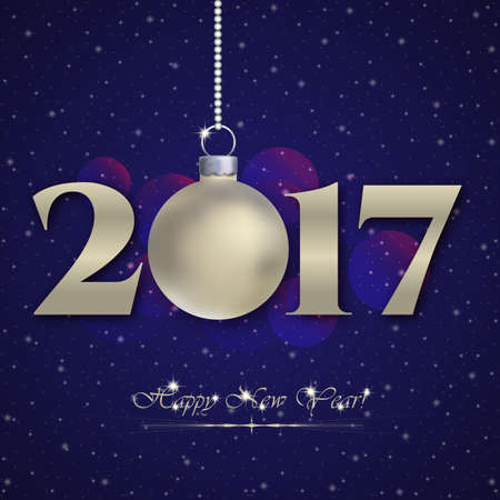 Holiday card with silver matte christmas ball and 2017 for greeting with New Year and Christmas on blue night starry sky background.のイラスト素材