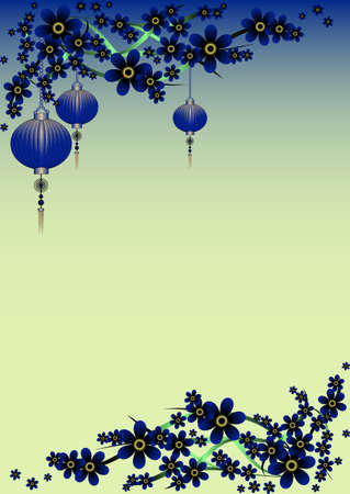 Holiday greeting postcard with branch of sakura and sky lanterns on it to Chinese New Year on blue backgroundのイラスト素材
