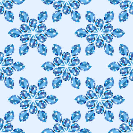 Seamless pattern with light blue precious gem Topaz in shape of winter snowflakes from different cuts on pale blue background.のイラスト素材