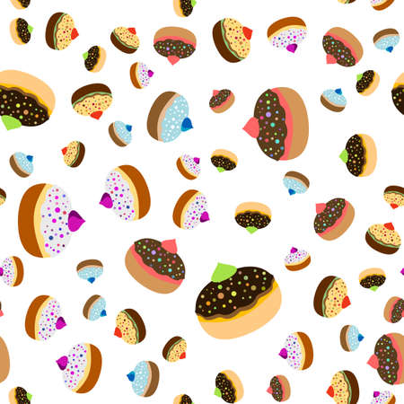 Seamless jewish pattern with colorful sufganiots for Festival of Lights, Feast of Dedication Hanukkah on white background. illustrationのイラスト素材