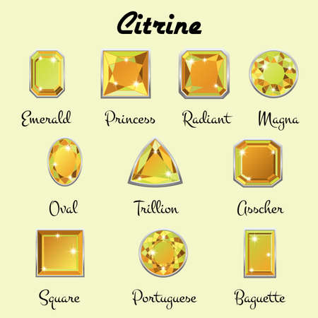Set of different types of cuts of precious stone Citrine in realistic shapes in green yellow color with silver edging.のイラスト素材