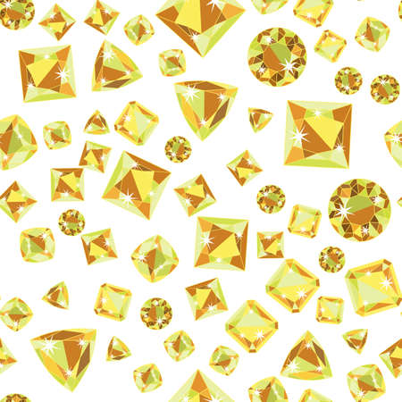 Seamless pattern with green yellow scattered precious gem Citrine from different cuts on white background.のイラスト素材
