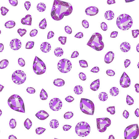 Seamless pattern with violet scattered precious gem Amethyst from different cuts on white background. Vector illustrationのイラスト素材