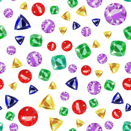 Seamless pattern with colorful scattered precious gems from different cuts on white background. Vector illustrationのイラスト素材