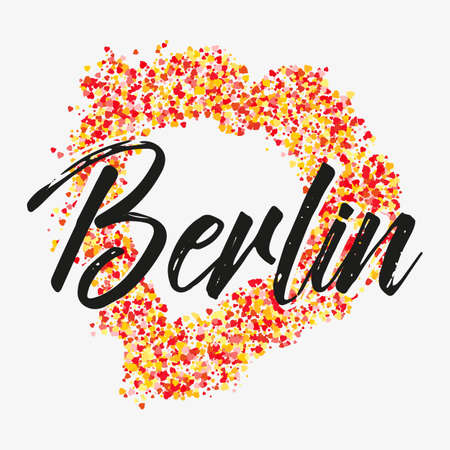 Print with lettering about Berlin and red yellow glitter in shape of heart on grey background. Pattern for fabric textiles, clothing, shirts, t-shirts.のイラスト素材