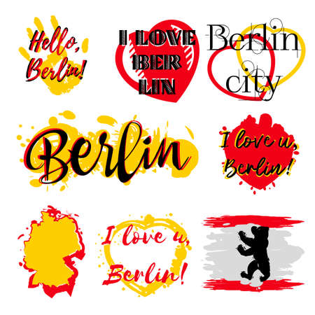 Set of stickers with lettering about Berlin and paint splashes in yellow red colors on white. Collection of souvenir prints for fabric textiles, clothing, shirts.のイラスト素材