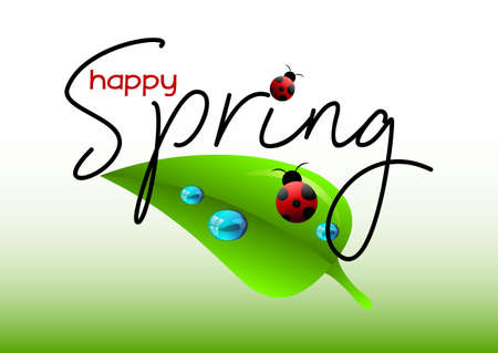 Spring positive postcard for congratulations with beginning of spring. Green leaf with blue dew drops and ladybugs on white illustrationのイラスト素材