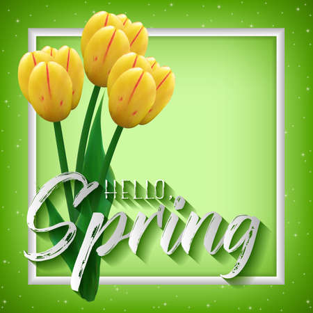 Spring positive postcard for greetings with beginning of spring. Bouquet of realistic yellow tulips in white frame on green sparkling  illustrationのイラスト素材