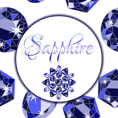 Sapphire round label with realistic crystals with sparkles of precious stones on white background with scattering of sapphires with different cuts. Vector illustrationのイラスト素材