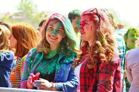 Two young girls at music concert dedicated to festival of colors Holi on June 13, 2016 in Tula, Russiaのeditorial素材