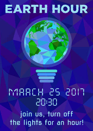 Earth Hour - global annual international event. Planet Earth as bulb on background of night starry blue sky in polygonal style. Vector illustrationのイラスト素材