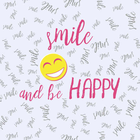 Motivational card with flat yellow smiling face and phrase Smile and be happy on grey background with many elements of word smile. International Day of Happiness.のイラスト素材