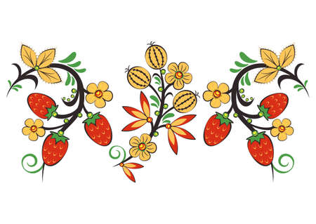 Floral ornament with flowers and strawberries in Khokhloma style in traditional colors isolated on white background. Russian folklore. Vector illustrationのイラスト素材