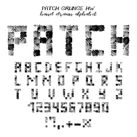 Hand drawn alphabet, written grunge font with symbols in style of patches: stylized black capital letters, numbers and punctuation. Vector illustrationのイラスト素材