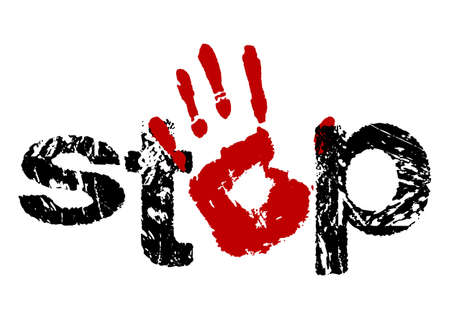 Sign stop as stamp with open hand icon in red and black colors in grunge style.のイラスト素材