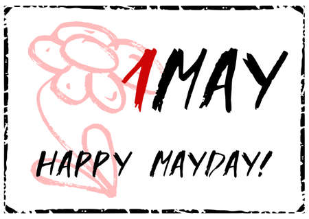 Card for day of Spring and Labor. Mayday in 1 May card in handmade grunge style with hand drawn red flower on white background with black frame. Vector illustrationのイラスト素材