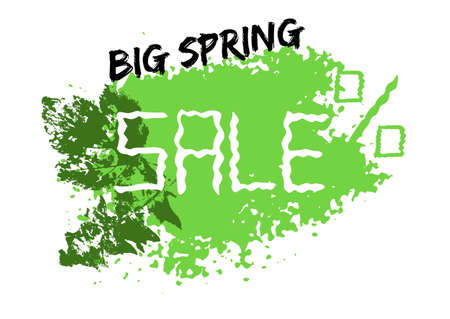 Grunge sale poster with green spring splash, prints of leaves and stylized captions on white background. Vector illustrationのイラスト素材