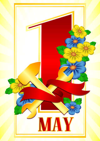 Postcard for Mayday with branch of flowers and gold work tools with red ribbon in frame.のイラスト素材