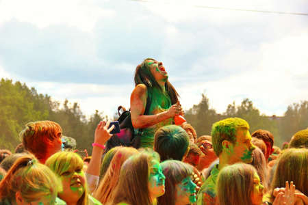 Young people at music concert dedicated to festival of colors Holi on June 13, 2016 in Tula, Russiaのeditorial素材