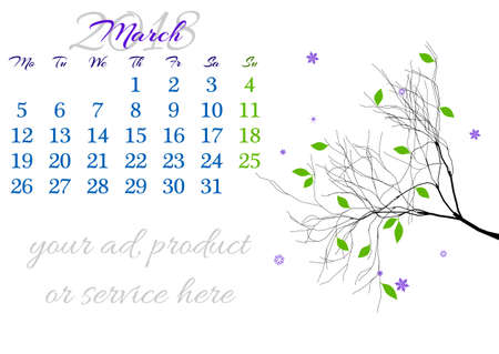 Calendar sheet for 2018 year with marked weekend days on white background. March. Abstract spring tree branch with last frost and first leaves. Week starts with Monday. Vector illustrationのイラスト素材