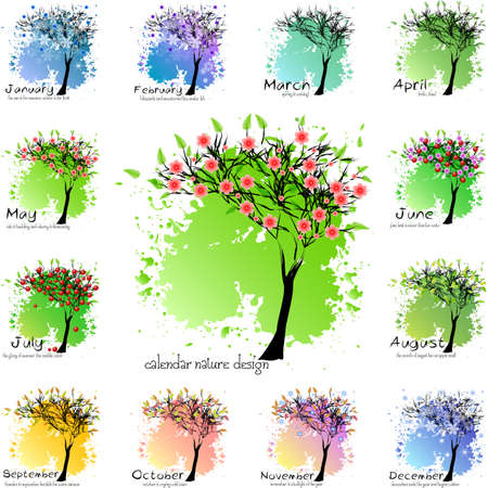 Calendar design with abstract seasonal tree and slogan for all months.のイラスト素材