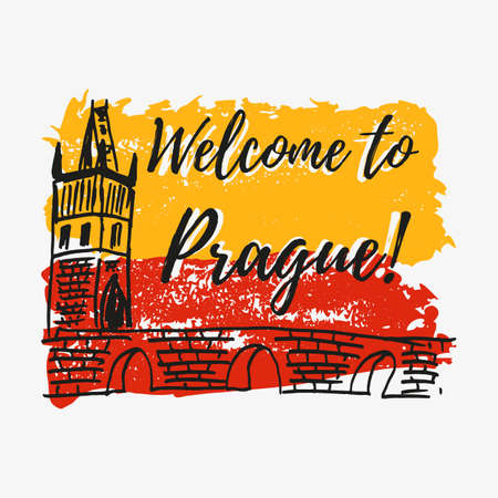 Lettering about Prague and paint splashes in shape of Prague flag with background of Charles bridge.のイラスト素材