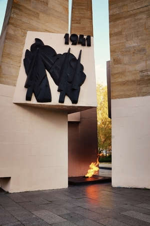 Eternal flame and obelisk in memory of the fallen students and teachers of Moscow State University in Great Patriotic War in 1941-1945, October 13, 2015, Moscow, Russiaのeditorial素材
