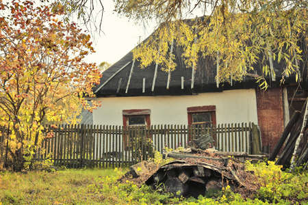 Old half-abandoned stone hut in village among the yellow autumn trees. Fall is comingの写真素材