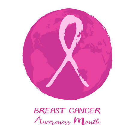 Round logo with Earth globe and pink ribbon from hand written brush strokes on white background. National Breast Cancer Awareness Month. Vector illustrationのイラスト素材