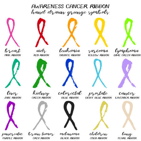 Set of colorful cancer ribbons from brush strokes in different colors and strokes isolated on white background. Vector illustrationのイラスト素材