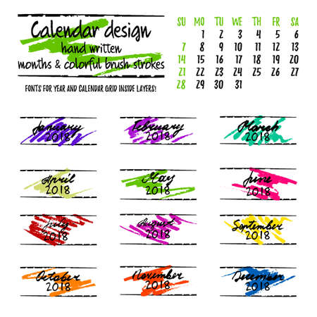 Calendar design by months with colorful hand drawn elements and hand written lettering on white background. Vector illustrationのイラスト素材