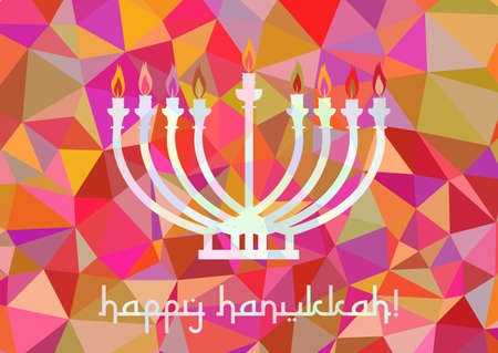 Postcard for greetings with Festival of Lights, Feast of Dedication Hanukkah. Menorah with candles on pink polygonal background. Vector illustrationのイラスト素材