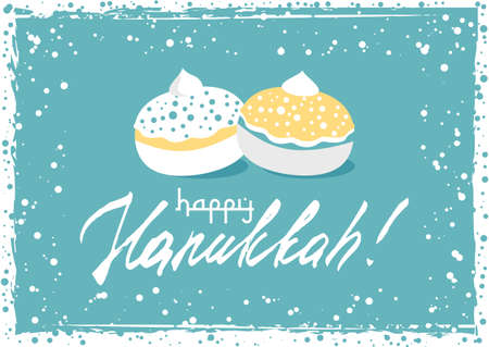 Postcard for greetings with Festival of Lights, Feast of Dedication Hanukkah. Grunge hand written greeting with jewish sufganiots on blue background with snow frame. Vector illustrationのイラスト素材