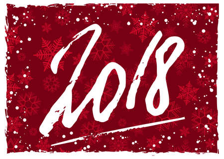 Happy New Year 2018 greeting card with hand written lettering and white snow on red background with snowflakes. Vector illustrationのイラスト素材