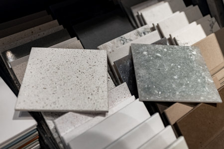 Ceramic tile samples in a shop, close-up.の写真素材