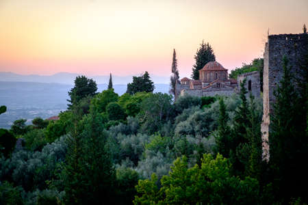 Ruins of the medieval Byzantine ghost town-castle of Mystras, Peloponnese, Greeceの写真素材