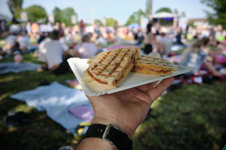 Festival food, dinner, eating and people concept - hand with panini sandwich with tomatoes and...