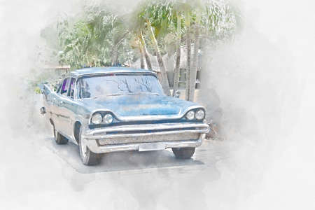 Old car in Cuba, watercolorの写真素材