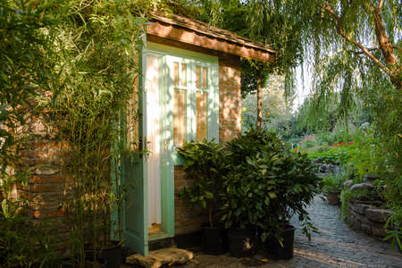 house in the woods green and pastel shadesの写真素材