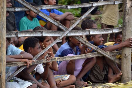 Children behind bamboo fence watching Gulf Mask Festival dance showのeditorial素材