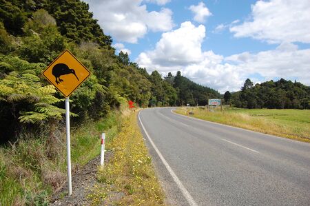 Yellow kiwi bird road sign at roadside, New Zealandの写真素材