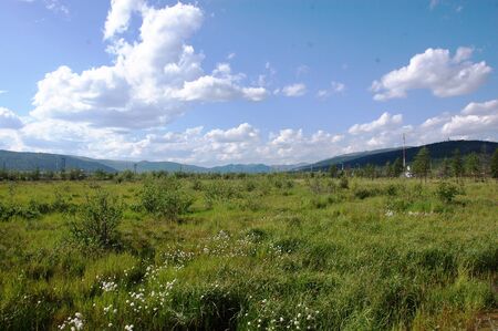 Tundra area with mountains near Bilibino town Chukotka, Russiaの写真素材