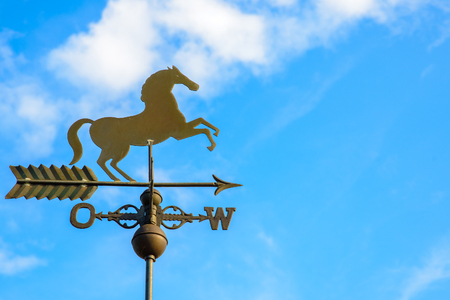a weather vane in a horse shape pointing west の写真素材