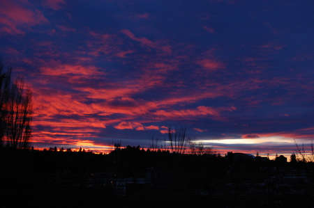 Sunset in the city. Red clouds in the blue sky.の写真素材